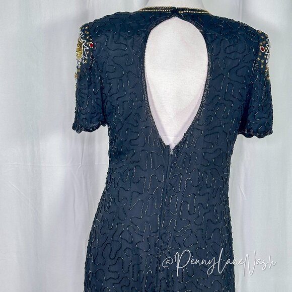 Laurence Kazar Vintage 80s Silk Bead-Sequin Dress Black - Picture 8 of 14